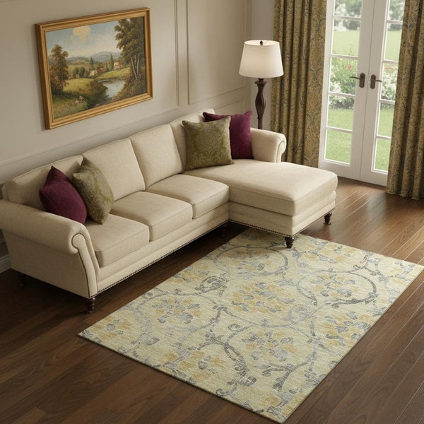HomeRoots 10' Gold, Gray & Silver Floral Washable Area Rug - Durable, UV-Protected & Perfect for Any Space! 663966