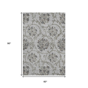 HomeRoots 5' X 8' Gray and Taupe Floral Area Rug - Stain-Resistant, Washable, UV-Protected for Busy Homes 663968