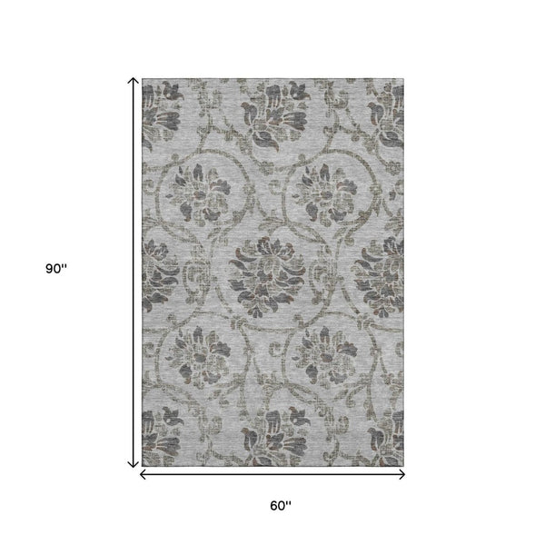 HomeRoots 5' X 8' Gray and Taupe Floral Area Rug - Stain-Resistant, Washable, UV-Protected for Busy Homes 663968