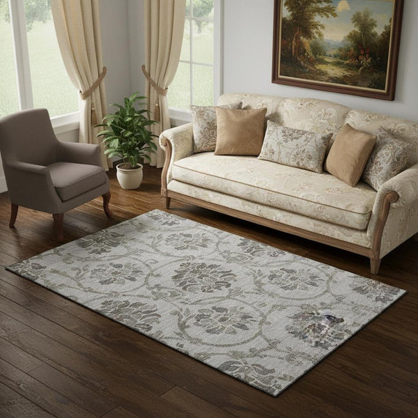 HomeRoots 5' X 8' Gray and Taupe Floral Area Rug - Stain-Resistant, Washable, UV-Protected for Busy Homes 663968