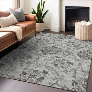 HomeRoots 5' X 8' Gray and Taupe Floral Area Rug - Stain-Resistant, Washable, UV-Protected for Busy Homes 663968