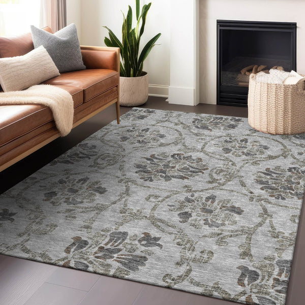 HomeRoots 5' X 8' Gray and Taupe Floral Area Rug - Stain-Resistant, Washable, UV-Protected for Busy Homes 663968