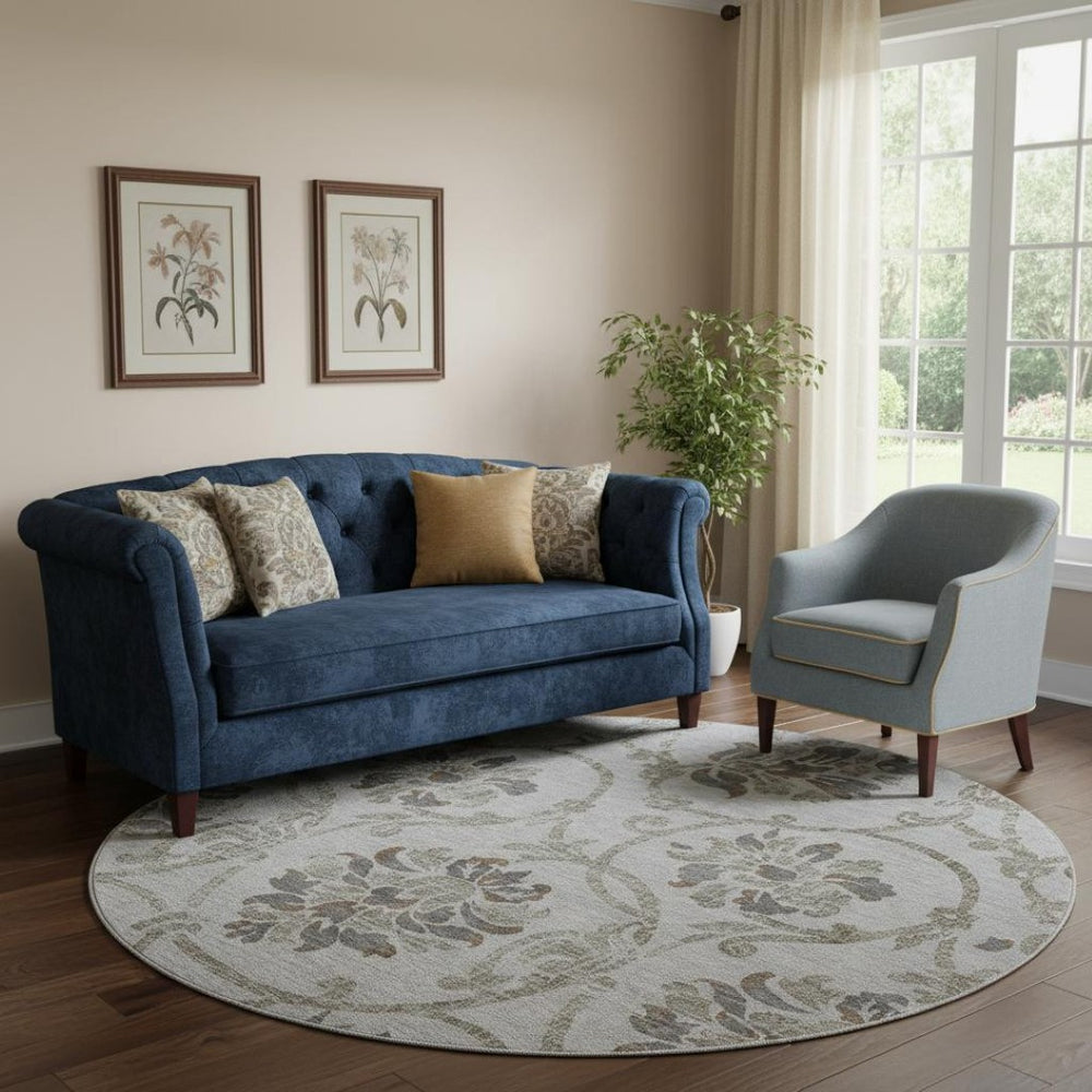 HomeRoots 8' Gray and Taupe Floral Washable Round Rug – Stylish, Durable, UV-Protected for Easy Care & Maintenance 663969