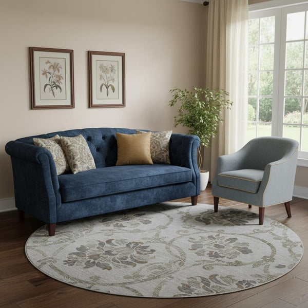 HomeRoots 8' Gray and Taupe Floral Washable Round Rug – Stylish, Durable, UV-Protected for Easy Care & Maintenance 663969