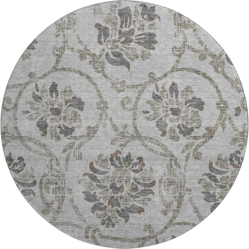 HomeRoots 8' Gray and Taupe Floral Washable Round Rug – Stylish, Durable, UV-Protected for Easy Care & Maintenance 663969