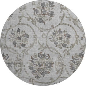 HomeRoots 8' Gray and Taupe Floral Washable Round Rug – Stylish, Durable, UV-Protected for Easy Care & Maintenance 663969