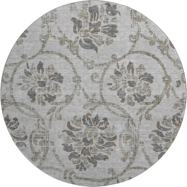 HomeRoots 8' Gray and Taupe Floral Washable Round Rug – Stylish, Durable, UV-Protected for Easy Care & Maintenance 663969