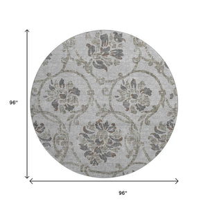 HomeRoots 8' Gray and Taupe Floral Washable Round Rug – Stylish, Durable, UV-Protected for Easy Care & Maintenance 663969