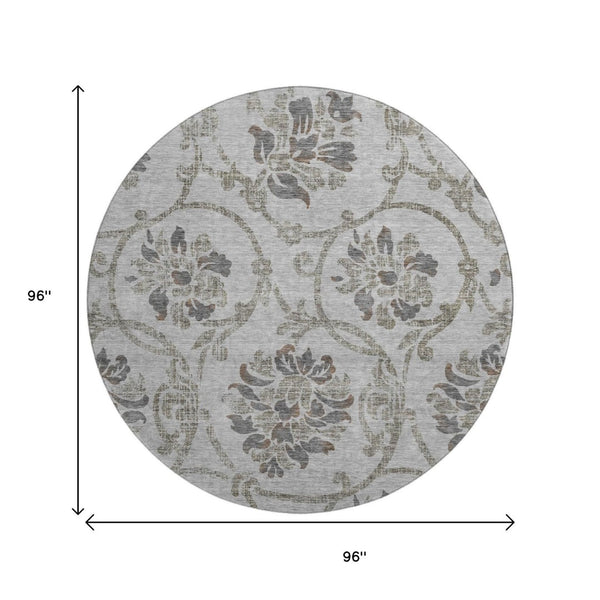 HomeRoots 8' Gray and Taupe Floral Washable Round Rug – Stylish, Durable, UV-Protected for Easy Care & Maintenance 663969