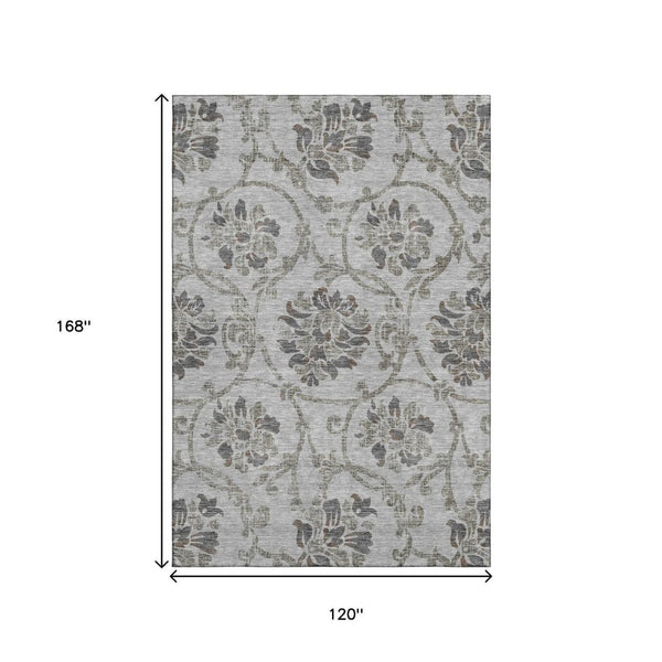 HomeRoots 10' X 14' Elegant Gray & Taupe Floral Washable Area Rug with UV Protection for High-Traffic Homes 663972