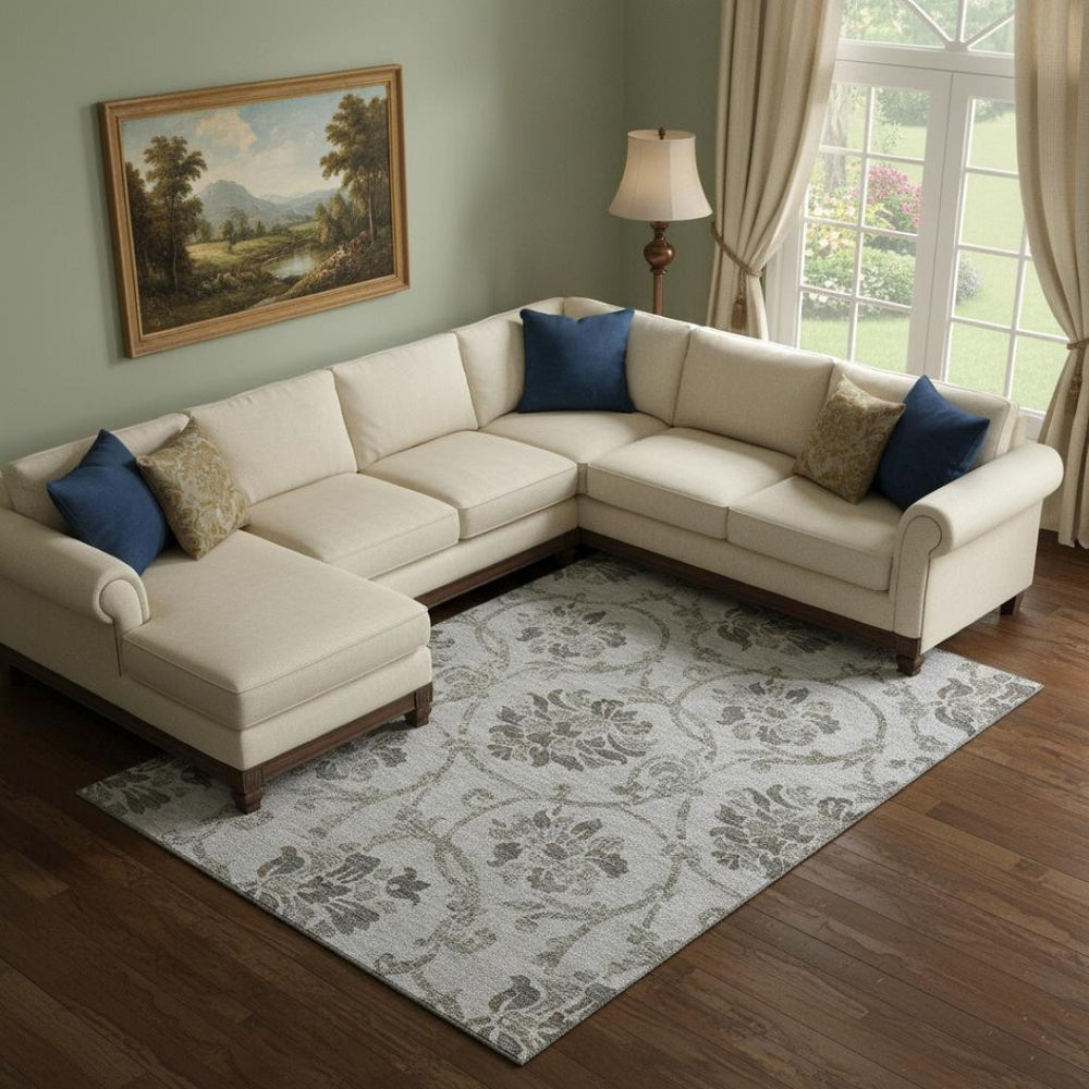HomeRoots 10' X 14' Elegant Gray & Taupe Floral Washable Area Rug with UV Protection for High-Traffic Homes 663972