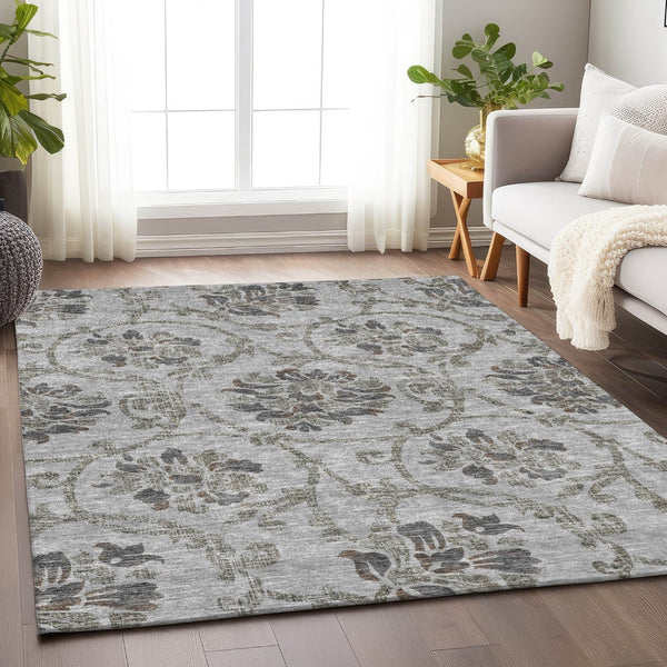 HomeRoots 10' X 14' Elegant Gray & Taupe Floral Washable Area Rug with UV Protection for High-Traffic Homes 663972