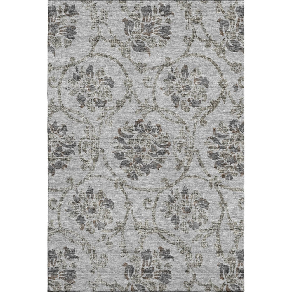 HomeRoots 10' X 14' Elegant Gray & Taupe Floral Washable Area Rug with UV Protection for High-Traffic Homes 663972