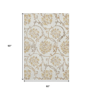 HomeRoots 5' X 8' Ivory Beige and Gold Floral Area Rug - Washable, UV-Protected, Perfect for High Traffic Areas! 663974