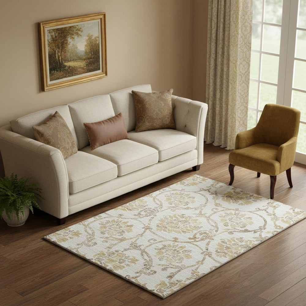 HomeRoots 5' X 8' Ivory Beige and Gold Floral Area Rug - Washable, UV-Protected, Perfect for High Traffic Areas! 663974