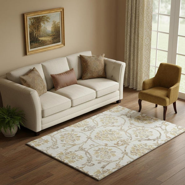 HomeRoots 5' X 8' Ivory Beige and Gold Floral Area Rug - Washable, UV-Protected, Perfect for High Traffic Areas! 663974