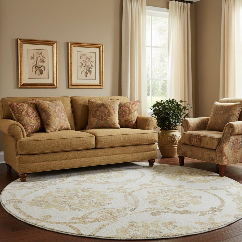 HomeRoots 8' Elegant Ivory Beige and Gold Floral Round Rug - Washable, UV Protected, Perfect for Any Room 663975