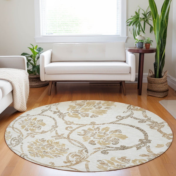HomeRoots 8' Elegant Ivory Beige and Gold Floral Round Rug - Washable, UV Protected, Perfect for Any Room 663975