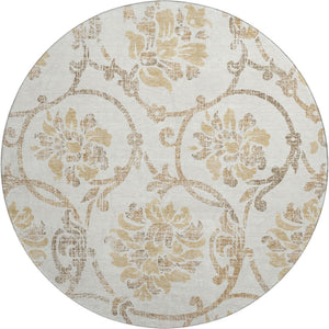 HomeRoots 8' Elegant Ivory Beige and Gold Floral Round Rug - Washable, UV Protected, Perfect for Any Room 663975