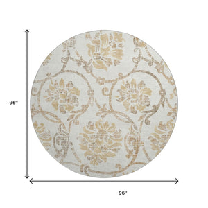 HomeRoots 8' Elegant Ivory Beige and Gold Floral Round Rug - Washable, UV Protected, Perfect for Any Room 663975