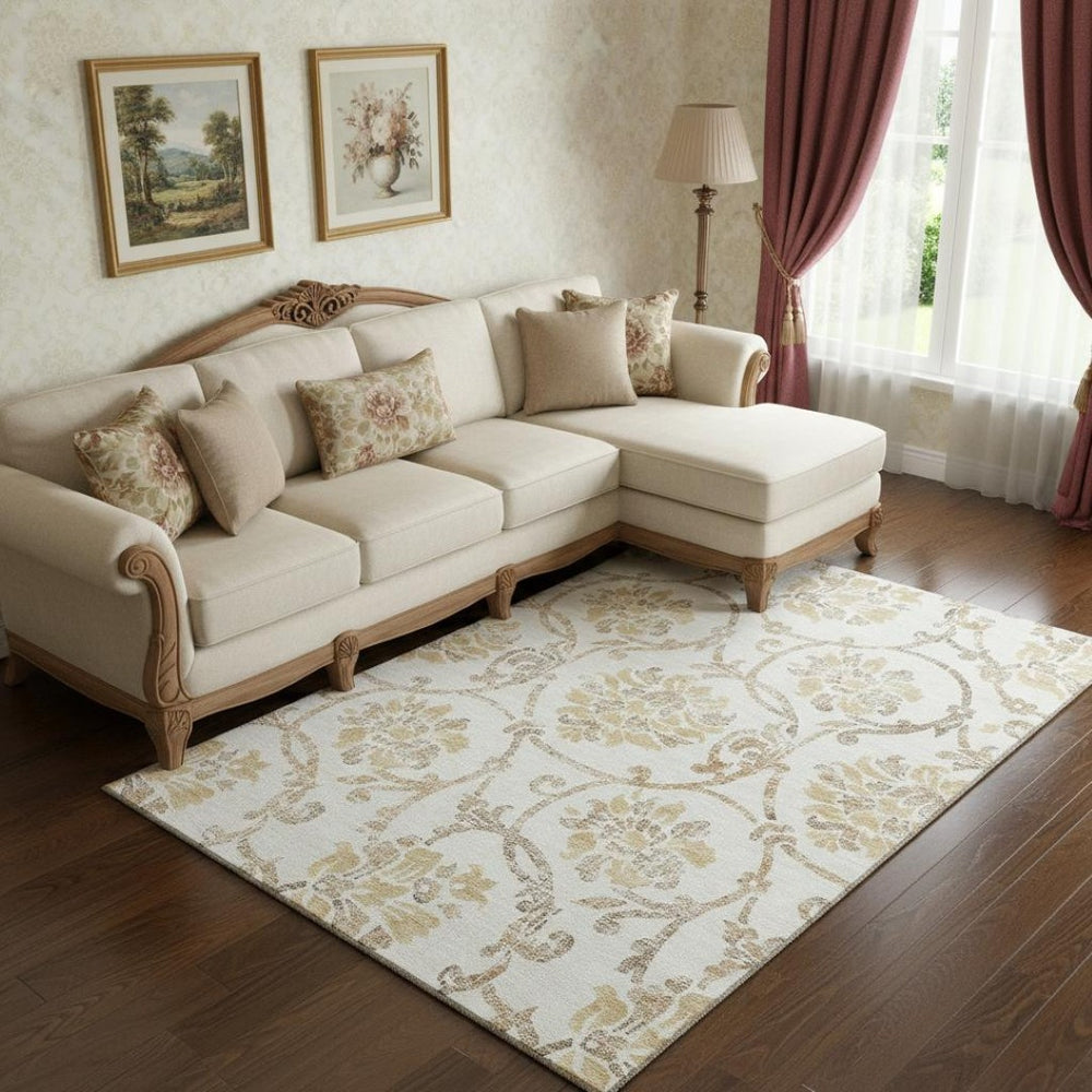 HomeRoots 8' X 10' Ivory Beige & Gold Floral Washable Area Rug – Stylish, Durable, Stain-Resistant & UV Protected! 663976