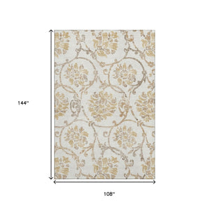 HomeRoots 9' X 12' Ivory Beige and Gold Floral Washable Area Rug with UV Protection for Family-Friendly Style 663977