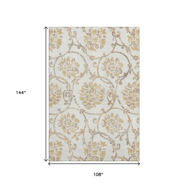 HomeRoots 9' X 12' Ivory Beige and Gold Floral Washable Area Rug with UV Protection for Family-Friendly Style 663977