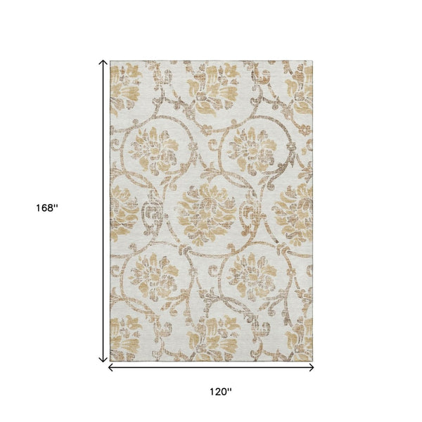 HomeRoots 10' Ivory Beige and Gold Floral Washable Area Rug – UV Protected, Stain-Resistant, Perfect for Large Spaces 663978