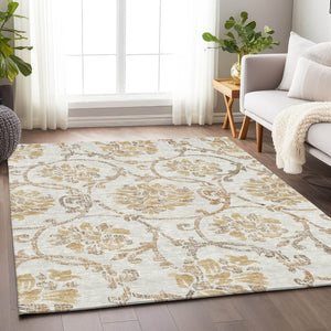 HomeRoots 10' Ivory Beige and Gold Floral Washable Area Rug – UV Protected, Stain-Resistant, Perfect for Large Spaces 663978