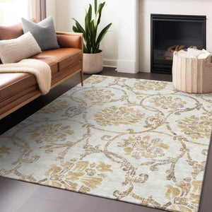 HomeRoots 10' Ivory Beige and Gold Floral Washable Area Rug – UV Protected, Stain-Resistant, Perfect for Large Spaces 663978