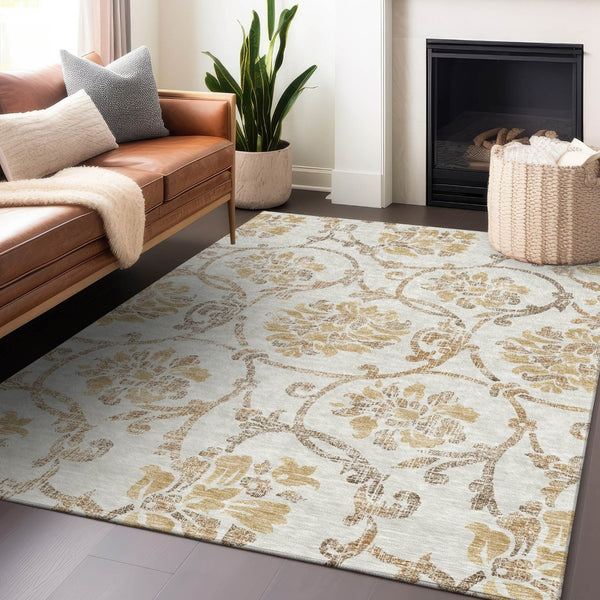HomeRoots 10' Ivory Beige and Gold Floral Washable Area Rug – UV Protected, Stain-Resistant, Perfect for Large Spaces 663978