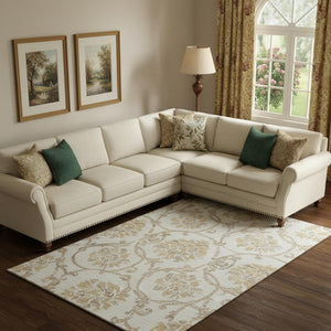 HomeRoots 10' Ivory Beige and Gold Floral Washable Area Rug – UV Protected, Stain-Resistant, Perfect for Large Spaces 663978