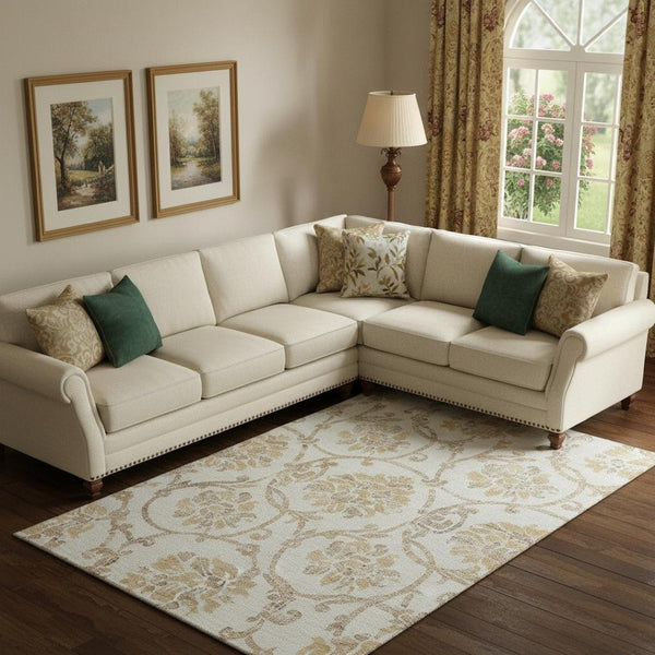 HomeRoots 10' Ivory Beige and Gold Floral Washable Area Rug – UV Protected, Stain-Resistant, Perfect for Large Spaces 663978