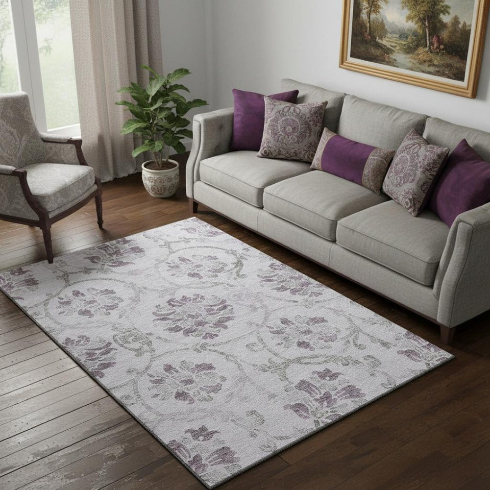 HomeRoots 5' X 8' Elegant Lavender Gray Floral Area Rug - Washable, UV Protected, Perfect for High-Traffic Areas 663980