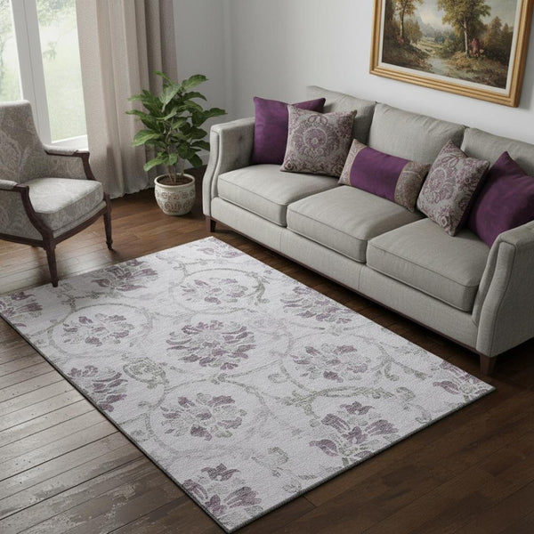 HomeRoots 5' X 8' Elegant Lavender Gray Floral Area Rug - Washable, UV Protected, Perfect for High-Traffic Areas 663980