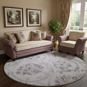HomeRoots 8' Floral Washable Round Rug in Lavender Gray & Silver - UV Protection, Durable, Easy Care & Stylish 663981