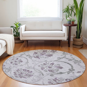 HomeRoots 8' Floral Washable Round Rug in Lavender Gray & Silver - UV Protection, Durable, Easy Care & Stylish 663981