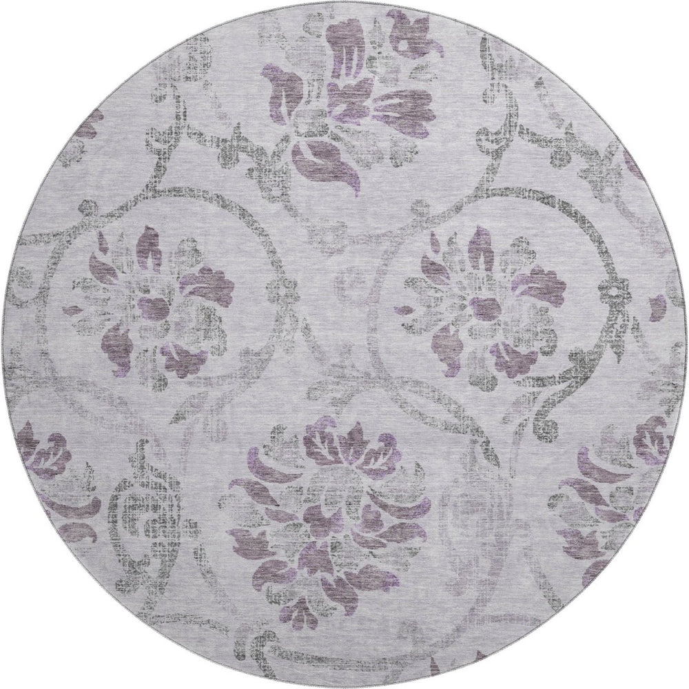 HomeRoots 8' Floral Washable Round Rug in Lavender Gray & Silver - UV Protection, Durable, Easy Care & Stylish 663981