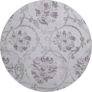 HomeRoots 8' Floral Washable Round Rug in Lavender Gray & Silver - UV Protection, Durable, Easy Care & Stylish 663981