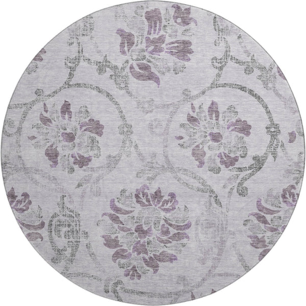 HomeRoots 8' Floral Washable Round Rug in Lavender Gray & Silver - UV Protection, Durable, Easy Care & Stylish 663981