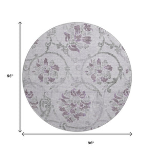HomeRoots 8' Floral Washable Round Rug in Lavender Gray & Silver - UV Protection, Durable, Easy Care & Stylish 663981