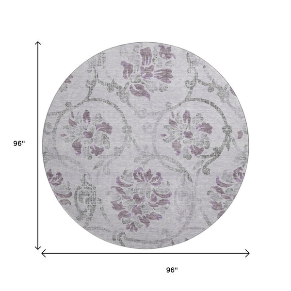 HomeRoots 8' Floral Washable Round Rug in Lavender Gray & Silver - UV Protection, Durable, Easy Care & Stylish 663981