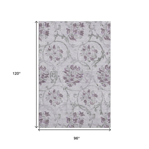 HomeRoots 8' X 10' Elegant Floral Washable Area Rug in Lavender Gray & Silver - Stain-Resistant, UV Protected 663982