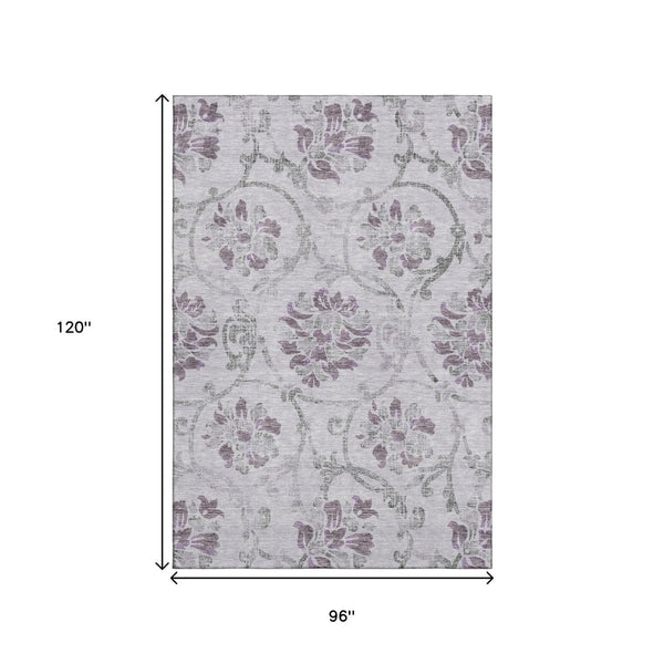 HomeRoots 8' X 10' Elegant Floral Washable Area Rug in Lavender Gray & Silver - Stain-Resistant, UV Protected 663982
