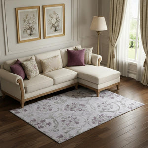 HomeRoots 8' X 10' Elegant Floral Washable Area Rug in Lavender Gray & Silver - Stain-Resistant, UV Protected 663982