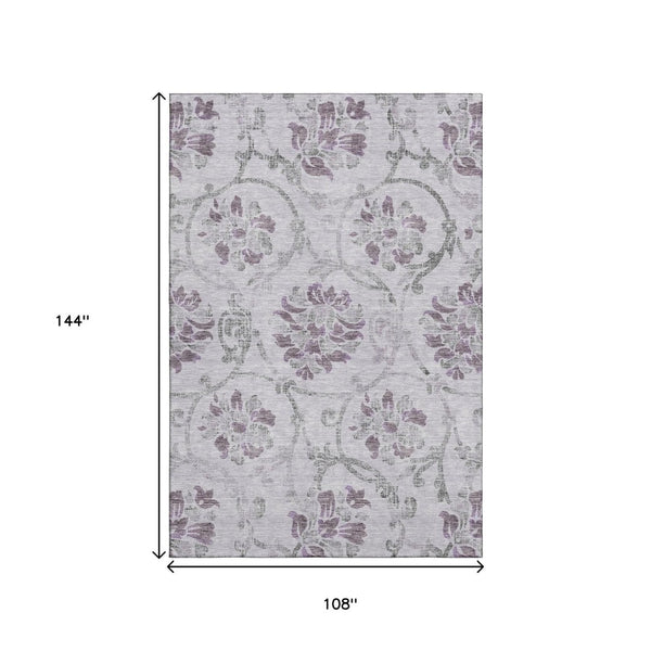 HomeRoots 9' X 12' Elegant Lavender Gray Floral Area Rug - Washable, UV Protected, Ideal for Homes with Pets 663983