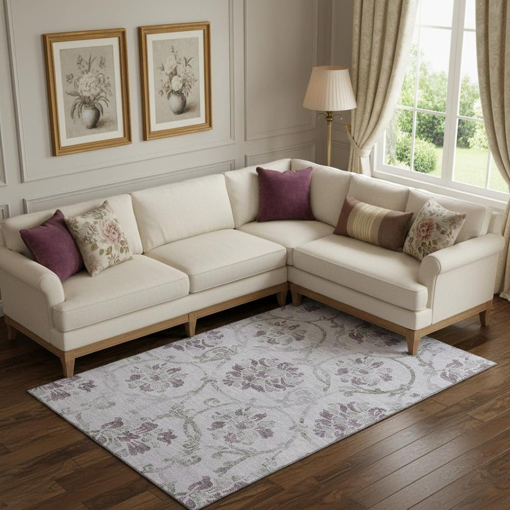 HomeRoots 9' X 12' Elegant Lavender Gray Floral Area Rug - Washable, UV Protected, Ideal for Homes with Pets 663983