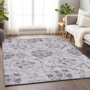 HomeRoots 9' X 12' Elegant Lavender Gray Floral Area Rug - Washable, UV Protected, Ideal for Homes with Pets 663983