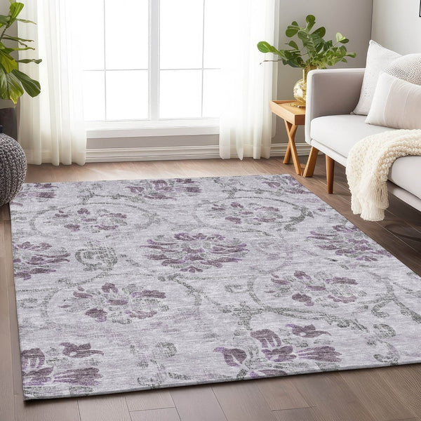 HomeRoots 9' X 12' Elegant Lavender Gray Floral Area Rug - Washable, UV Protected, Ideal for Homes with Pets 663983