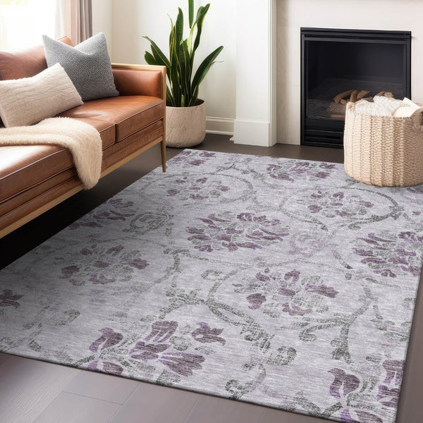 HomeRoots 9' X 12' Elegant Lavender Gray Floral Area Rug - Washable, UV Protected, Ideal for Homes with Pets 663983